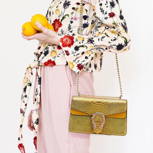 ⚡ Women's Yellow Snake Vegan Leather Print Casual Satchel Crossbody Handbag - Picture 2 of 7